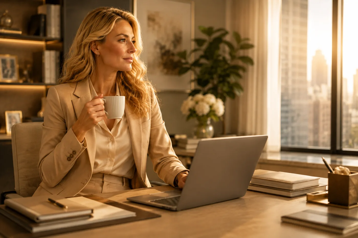 An operator at her desk in the late afternoon