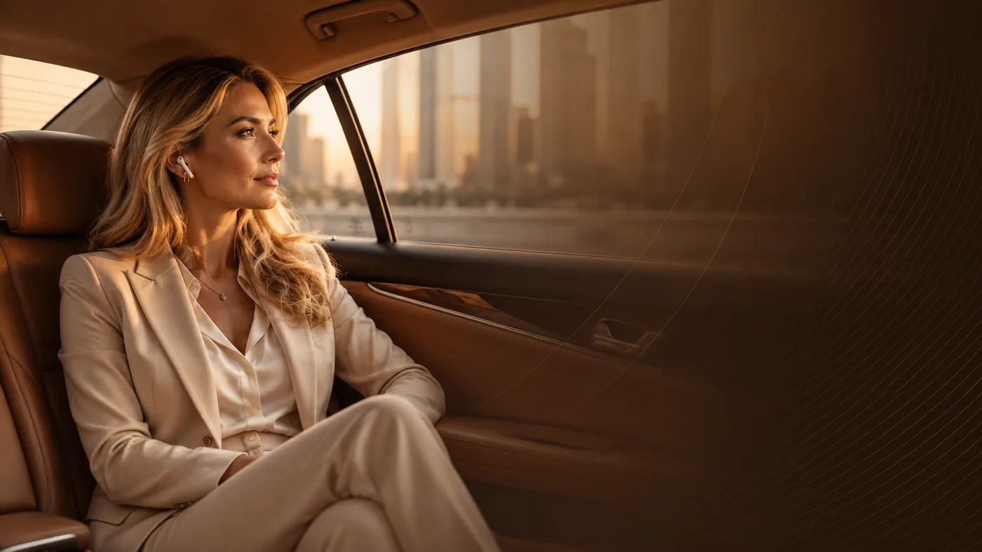 A passenger travelling in a chauffeured sedan